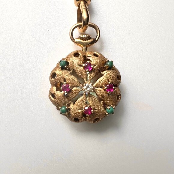 VTG 14KGold Pendant Watch with Floral Motif encrusted Rubies, Emeralds & Diamond - Picture 10 of 13